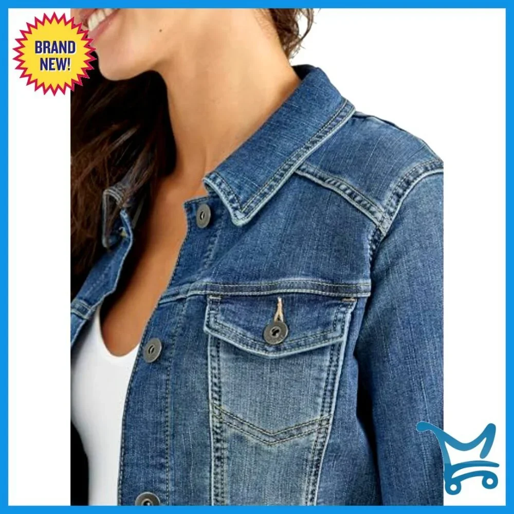 Stretch Denim Jacket Classic Wardrobe Staple Button Closure Soft Cotton Blend - Picture 3 of 6